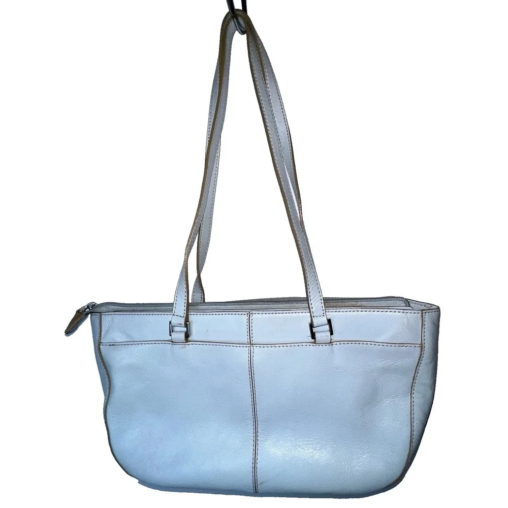 Etienne Light Blue Leather Shoulder Bag Zip Closure Dividers Pockets